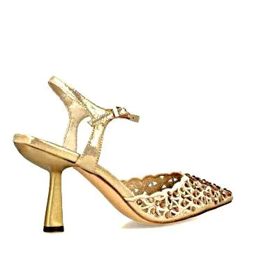 MB 24724 Gold Champagne Leather,  Diamante  & Glitter Mesh High Heels