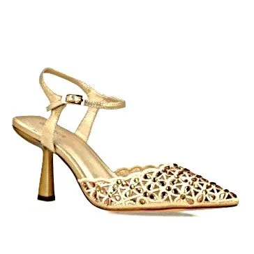 MB 24724 Gold Champagne Leather,  Diamante  & Glitter Mesh High Heels