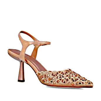 MB 24724 Gold Champagne Leather,  Diamante  & Glitter Mesh High Heels