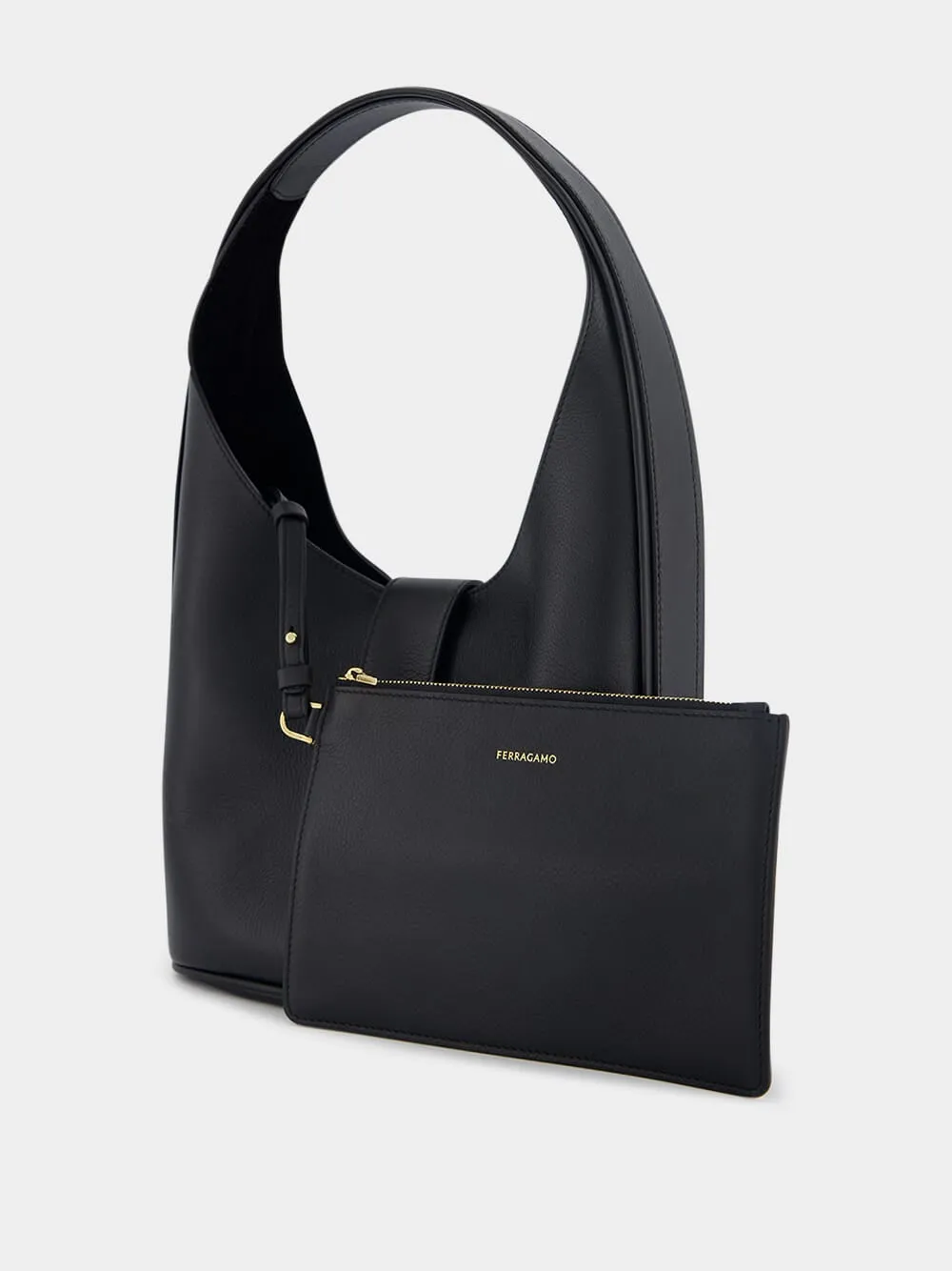 Medium Gancini-Buckle Leather Hobo Bag