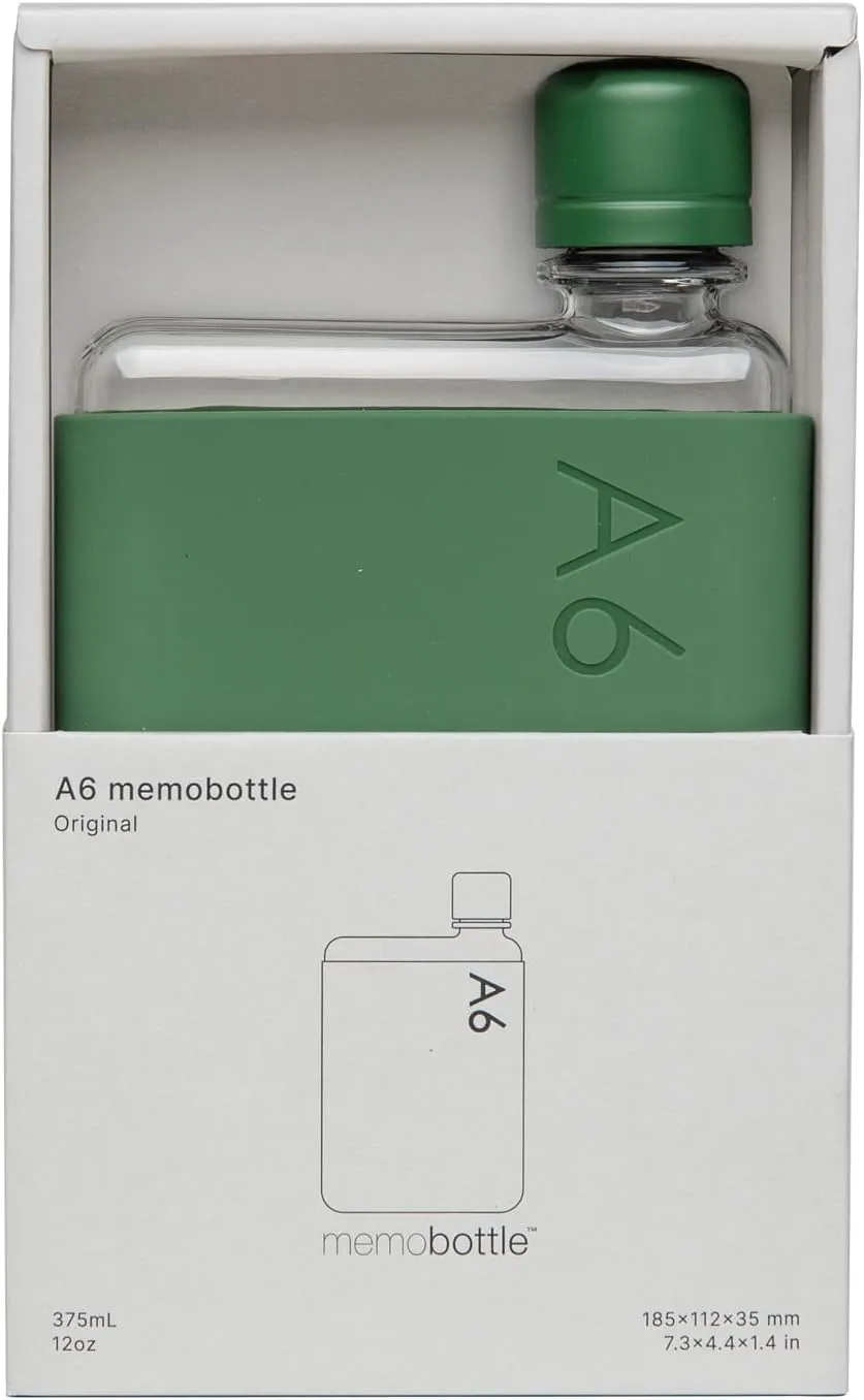 memobottle A6 (Moss Green) Bundle - 12oz (375ml) - Bottle, silicone sleeve & lid | Compact Water Bottle For Bags & Small Pockets | BPA Free Tritan | Modern, Minimalist | For Gym & Work