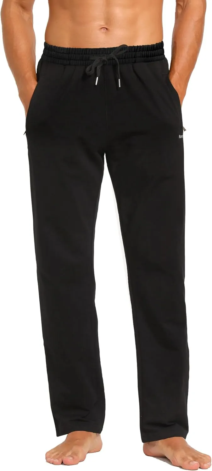 Men's Sweatpants Cotton Yoga Pants Casual Jersey Pants for Men Open Bottom Straight Leg with Zipper Pockets