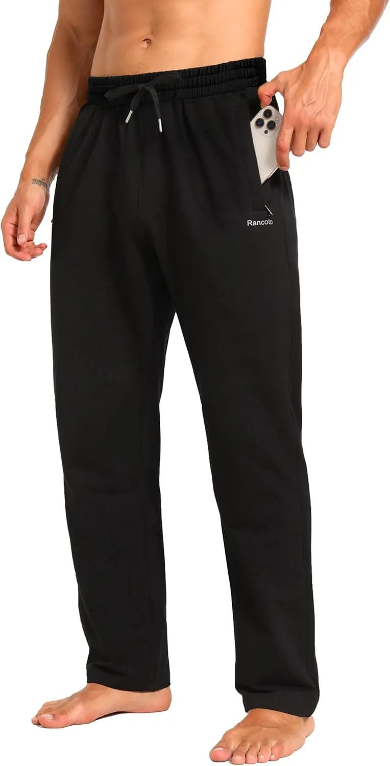 Men's Sweatpants Cotton Yoga Pants Casual Jersey Pants for Men Open Bottom Straight Leg with Zipper Pockets