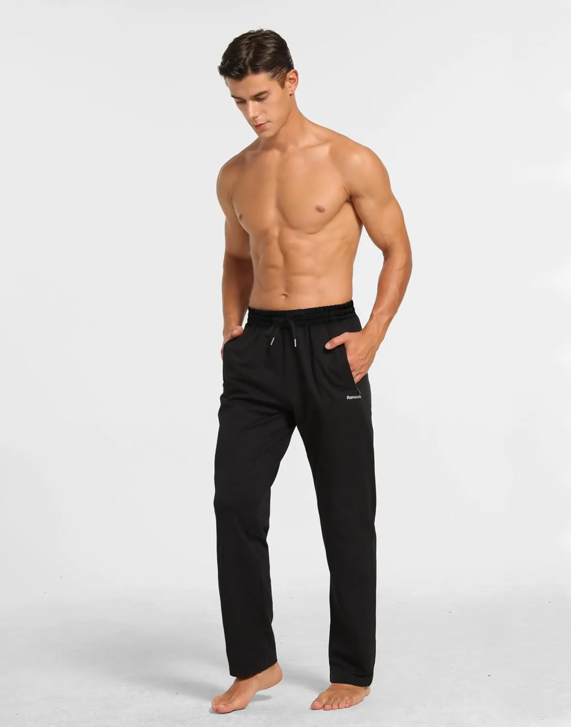 Men's Sweatpants Cotton Yoga Pants Casual Jersey Pants for Men Open Bottom Straight Leg with Zipper Pockets
