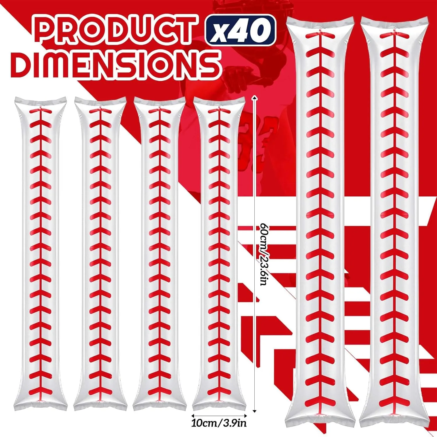 Meooeck 40 Pcs Thunder Sticks Inflatable Noisemakers Cheerleading Game Day Sports Noise Makers Plastic Cheering Sticks Bulk for Basketball Sports Events Dance Team Spirit, 23.6 x 3.9 Inch (Baseball)