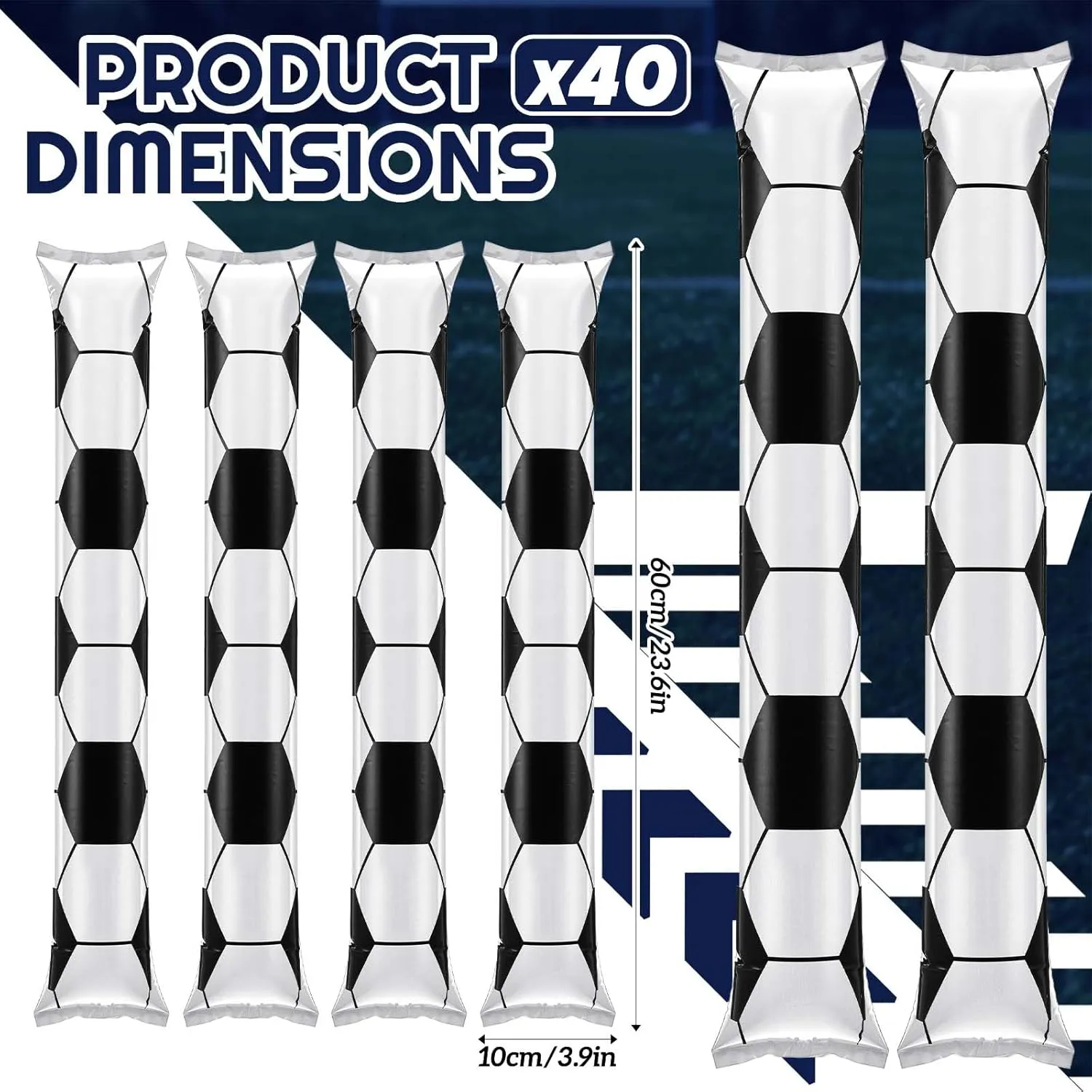 Meooeck 40 Pcs Thunder Sticks Inflatable Noisemakers Cheerleading Game Day Sports Noise Makers Plastic Cheering Sticks Bulk for Basketball Sports Events Dance Team Spirit, 23.6 x 3.9 Inch (Soccer)