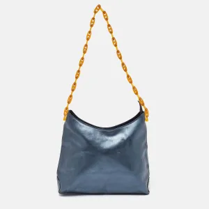 Metallic Blue Leather Chain Hobo