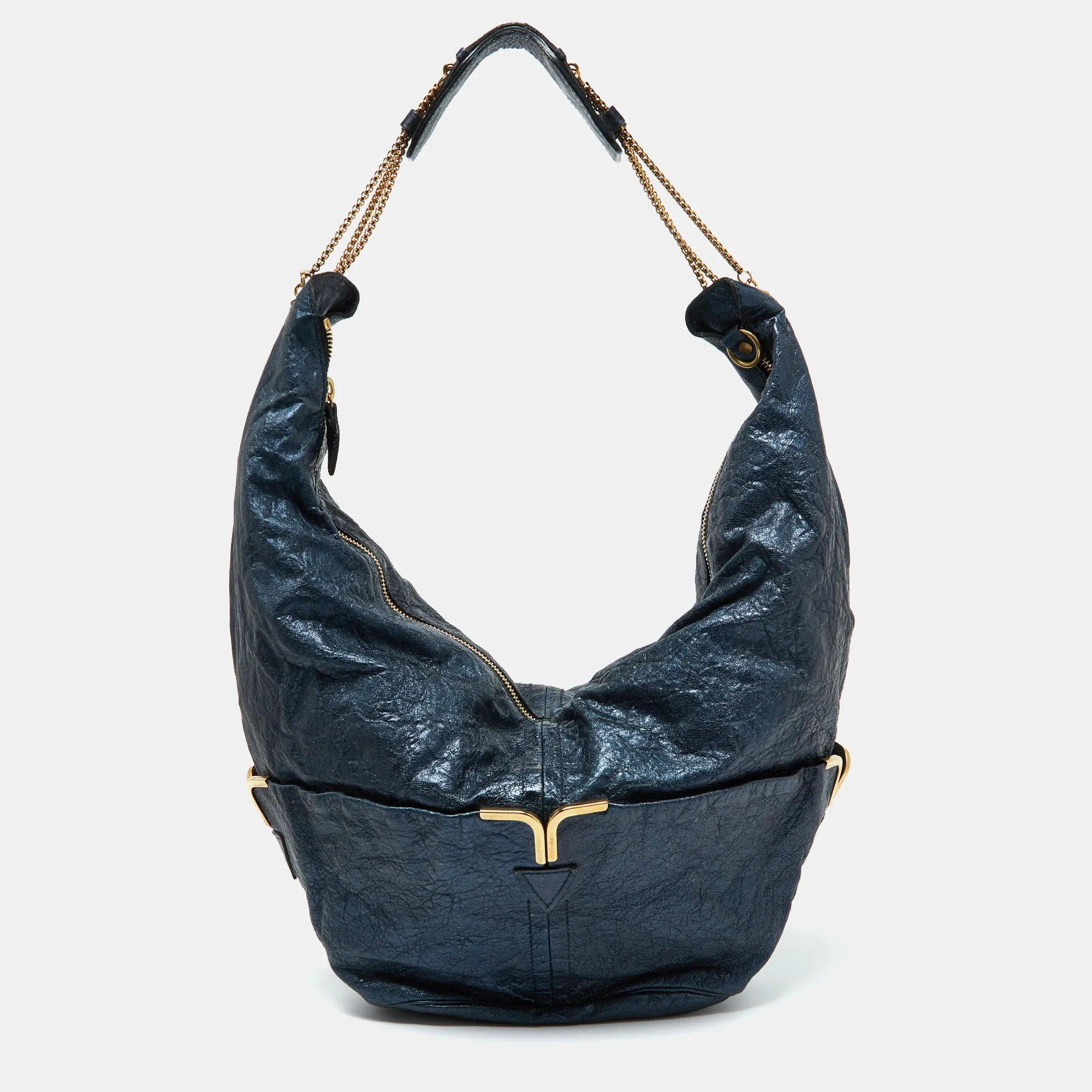 Metallic Blue Leather Milton Triple Chain Hobo