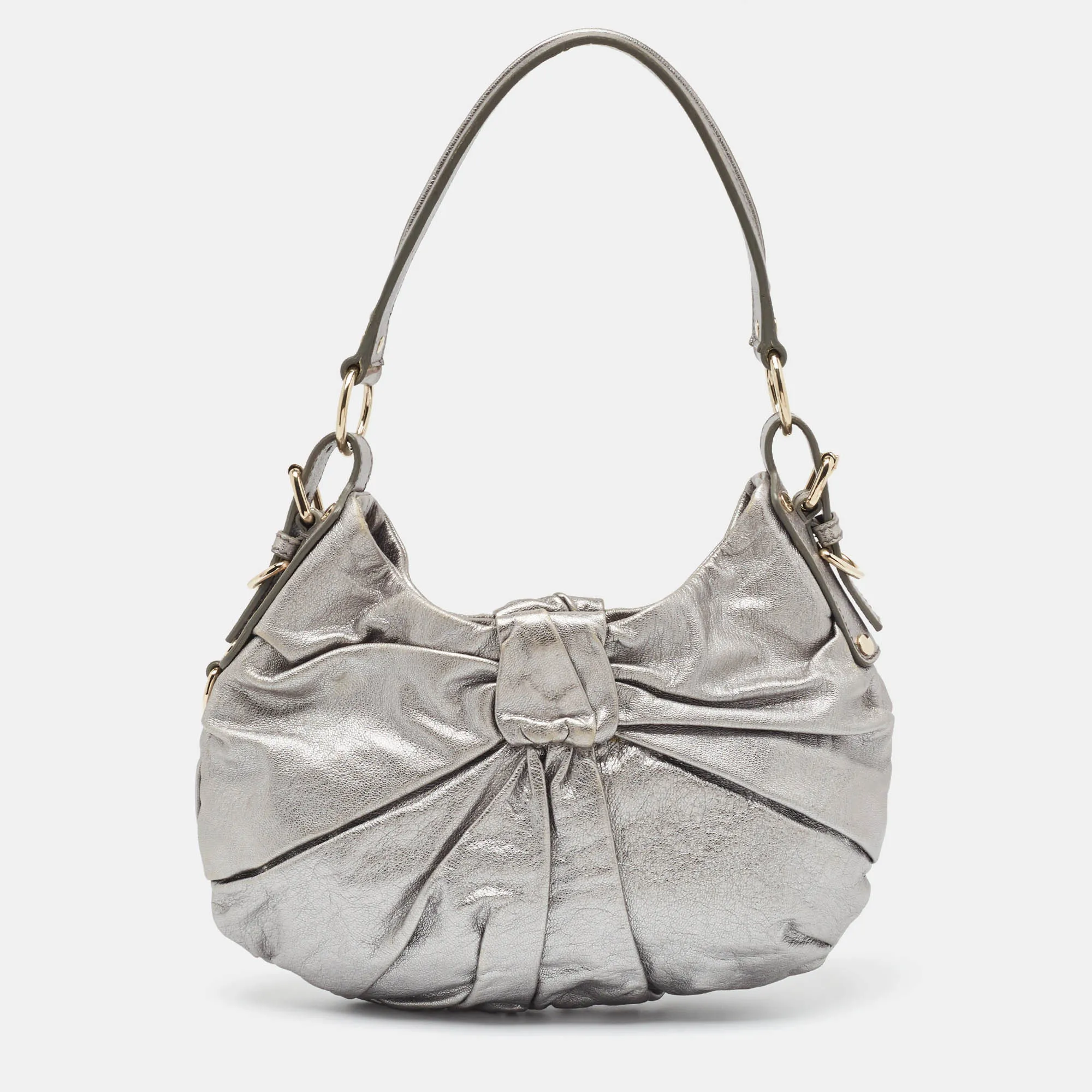 Metallic Leather Pleated Bow Hobo