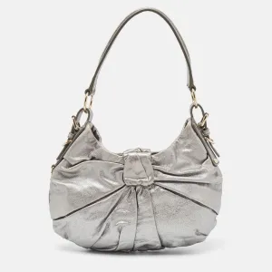 Metallic Leather Pleated Bow Hobo