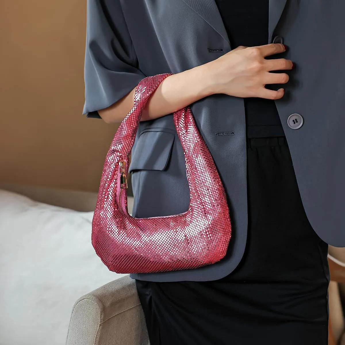 Metallic Shoulder Bags for Women Cute Hobo Handbag Small Purse Evening Bling Bag Sparkly Metal Mesh Evening Purses
