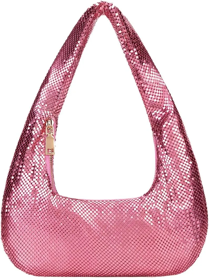 Metallic Shoulder Bags for Women Cute Hobo Handbag Small Purse Evening Bling Bag Sparkly Metal Mesh Evening Purses
