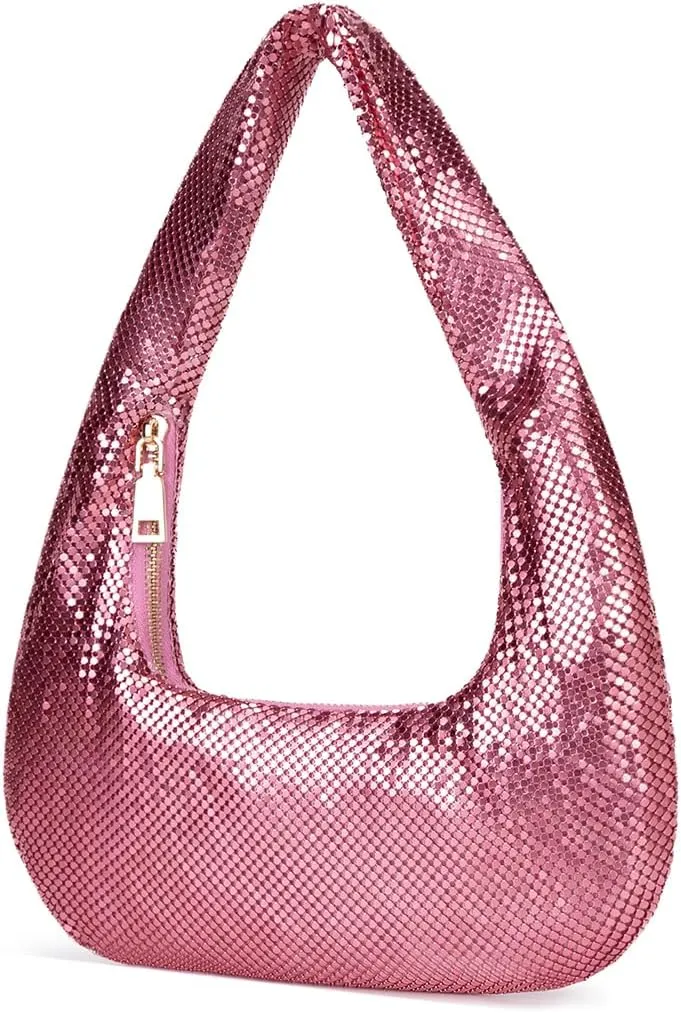Metallic Shoulder Bags for Women Cute Hobo Handbag Small Purse Evening Bling Bag Sparkly Metal Mesh Evening Purses