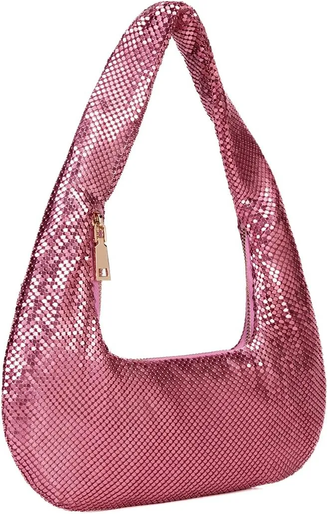 Metallic Shoulder Bags for Women Cute Hobo Handbag Small Purse Evening Bling Bag Sparkly Metal Mesh Evening Purses