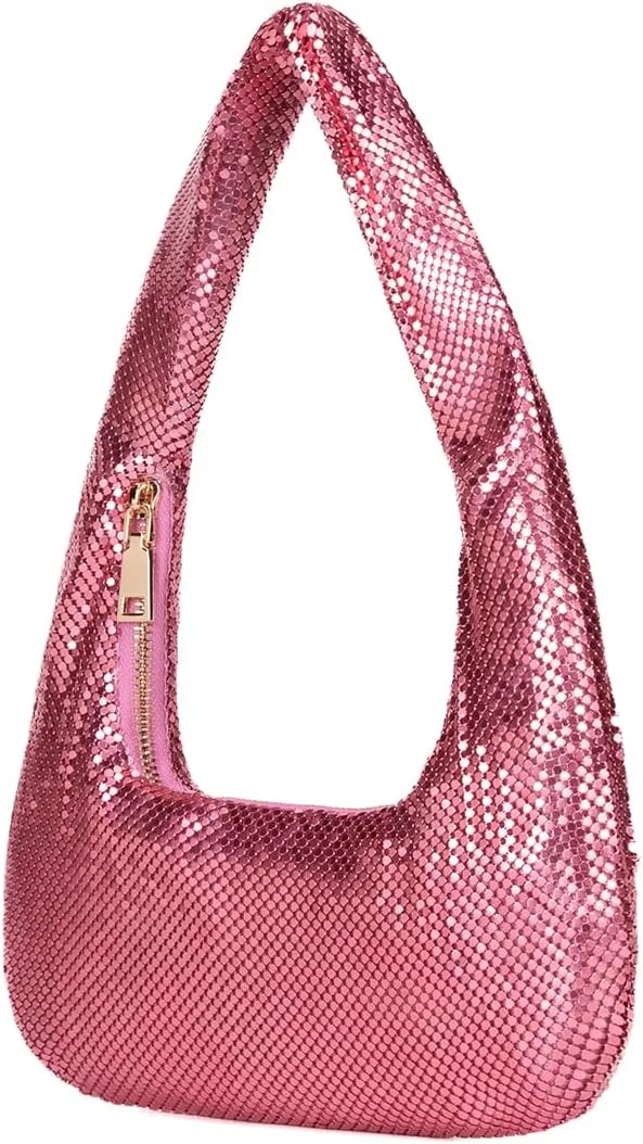 Metallic Shoulder Bags for Women Cute Hobo Handbag Small Purse Evening Bling Bag Sparkly Metal Mesh Evening Purses