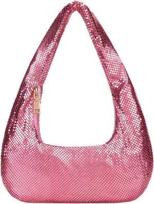 Metallic Shoulder Bags for Women Cute Hobo Handbag Small Purse Evening Bling Bag Sparkly Metal Mesh Evening Purses