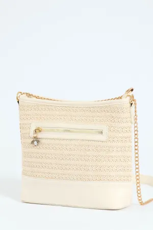 Metallic Straw Hobo Bag With Whip Stitch Strap Detail - Natural