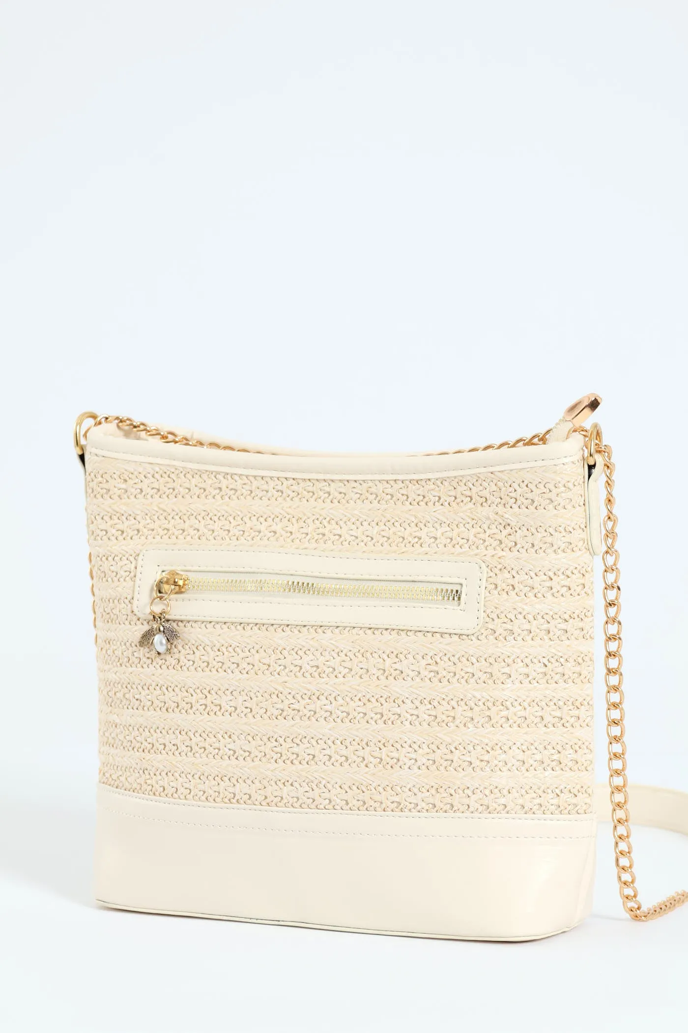 Metallic Straw Hobo Bag With Whip Stitch Strap Detail - Natural