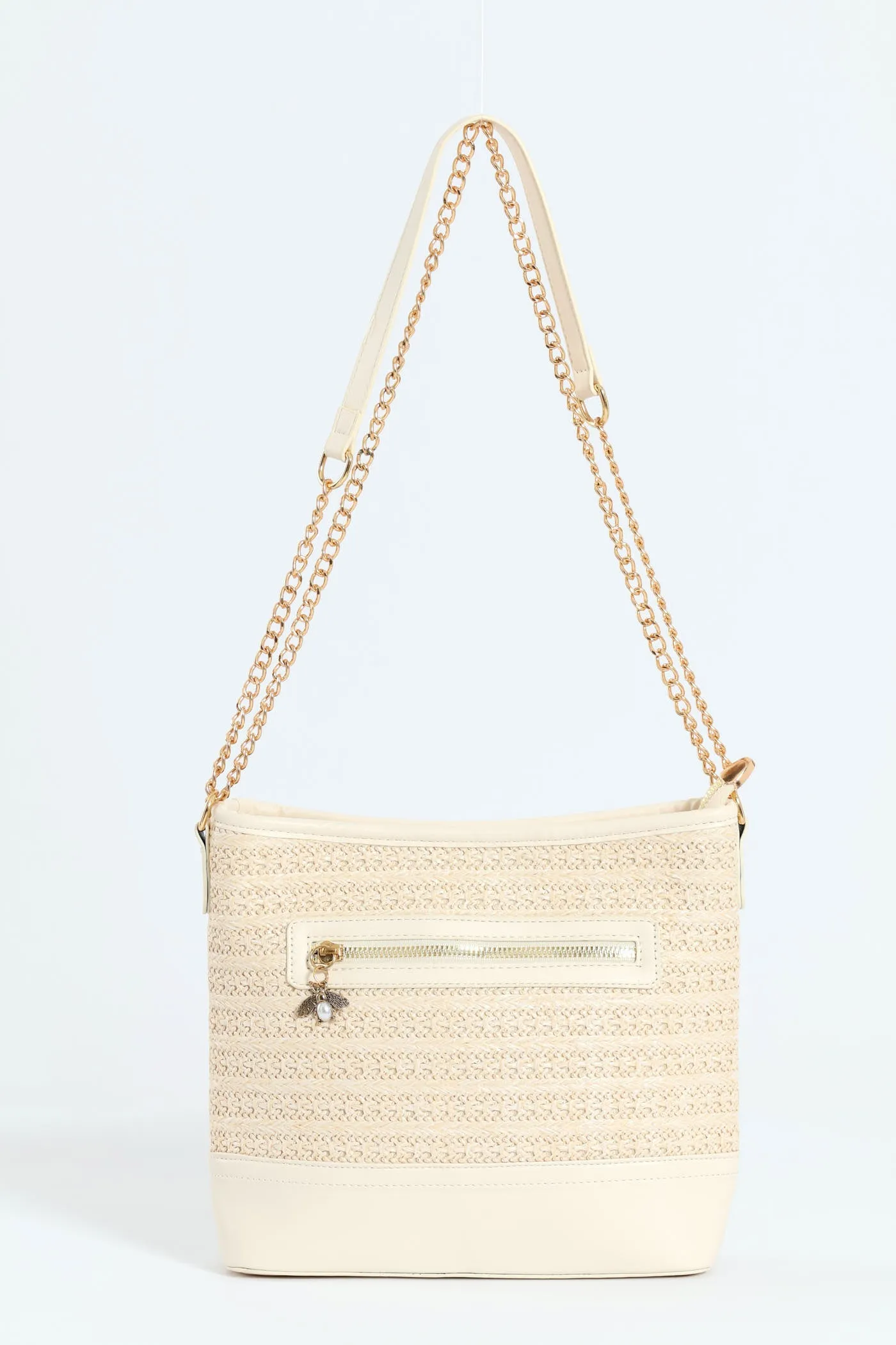 Metallic Straw Hobo Bag With Whip Stitch Strap Detail - Natural