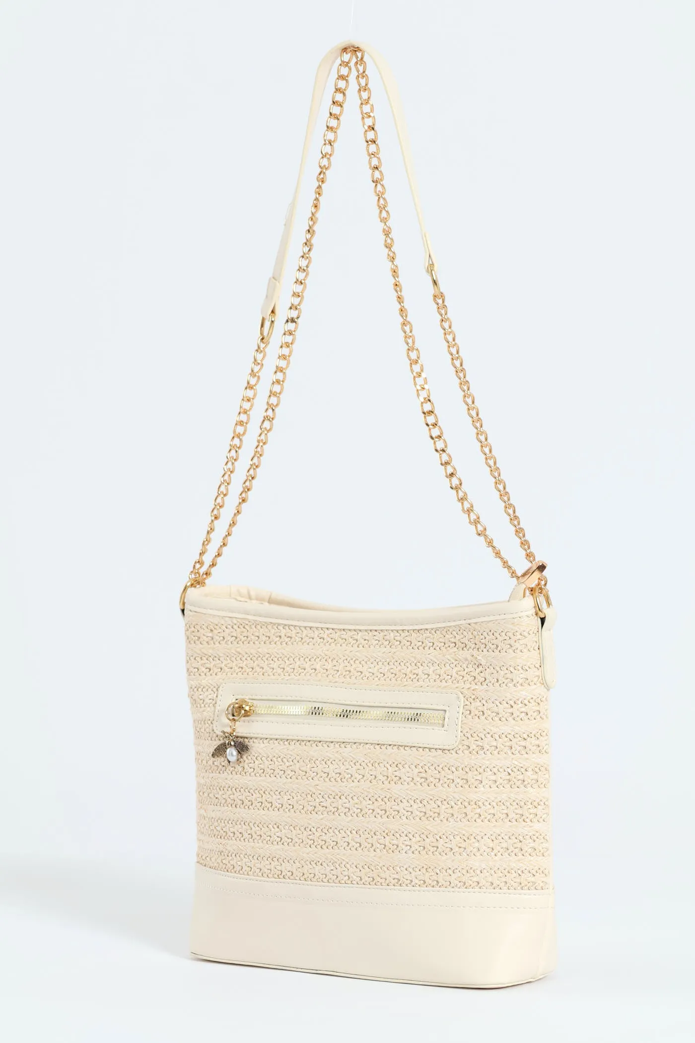 Metallic Straw Hobo Bag With Whip Stitch Strap Detail - Natural
