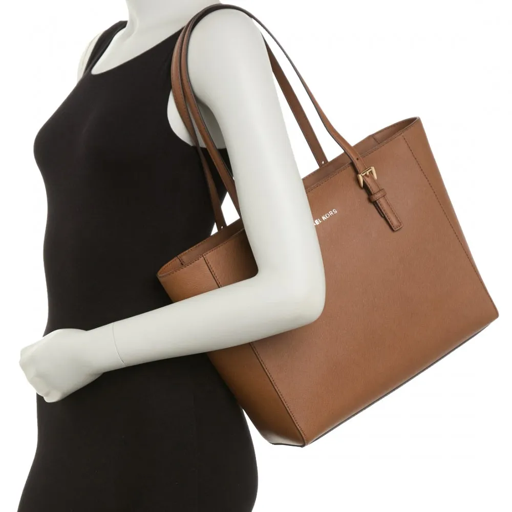 Michael Kors Jet Set Travel Medium Top Zip Leather Tote Bag- Black