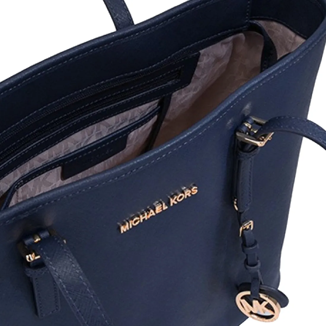 Michael Kors Jet Set Travel Saffiano Leather Medium Top Zip Multi-Function Tote Bag in Navy