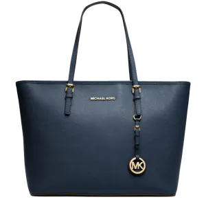 Michael Kors Jet Set Travel Saffiano Leather Medium Top Zip Multi-Function Tote Bag in Navy