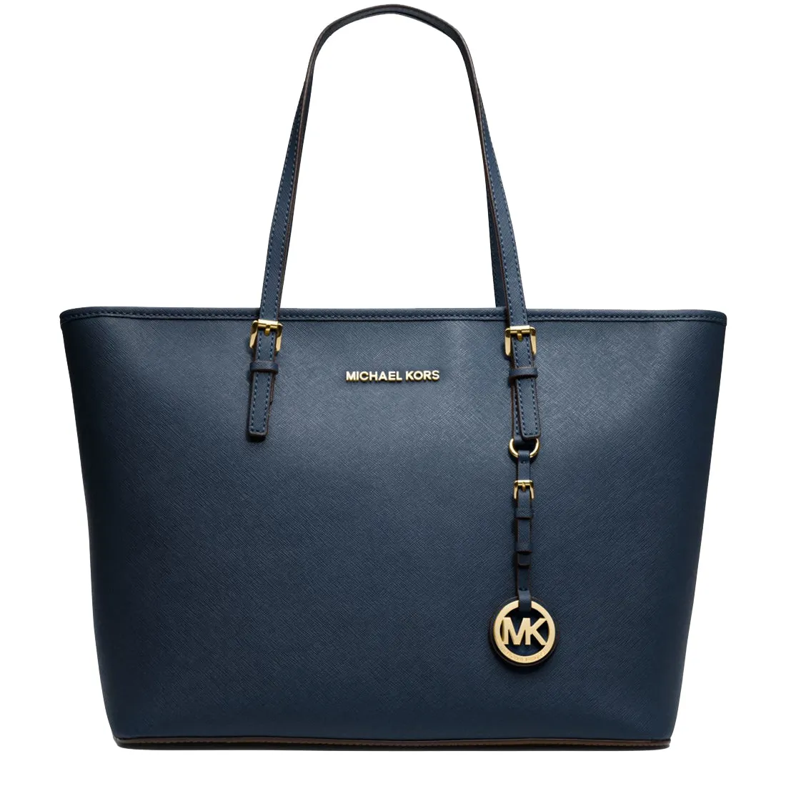 Michael Kors Jet Set Travel Saffiano Leather Medium Top Zip Multi-Function Tote Bag in Navy