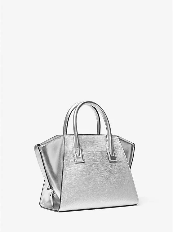 Micheal Kors Avril Small Metallic Studded Patchwork and Signature Logo Satchel Silver