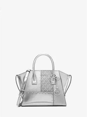 Micheal Kors Avril Small Metallic Studded Patchwork and Signature Logo Satchel Silver