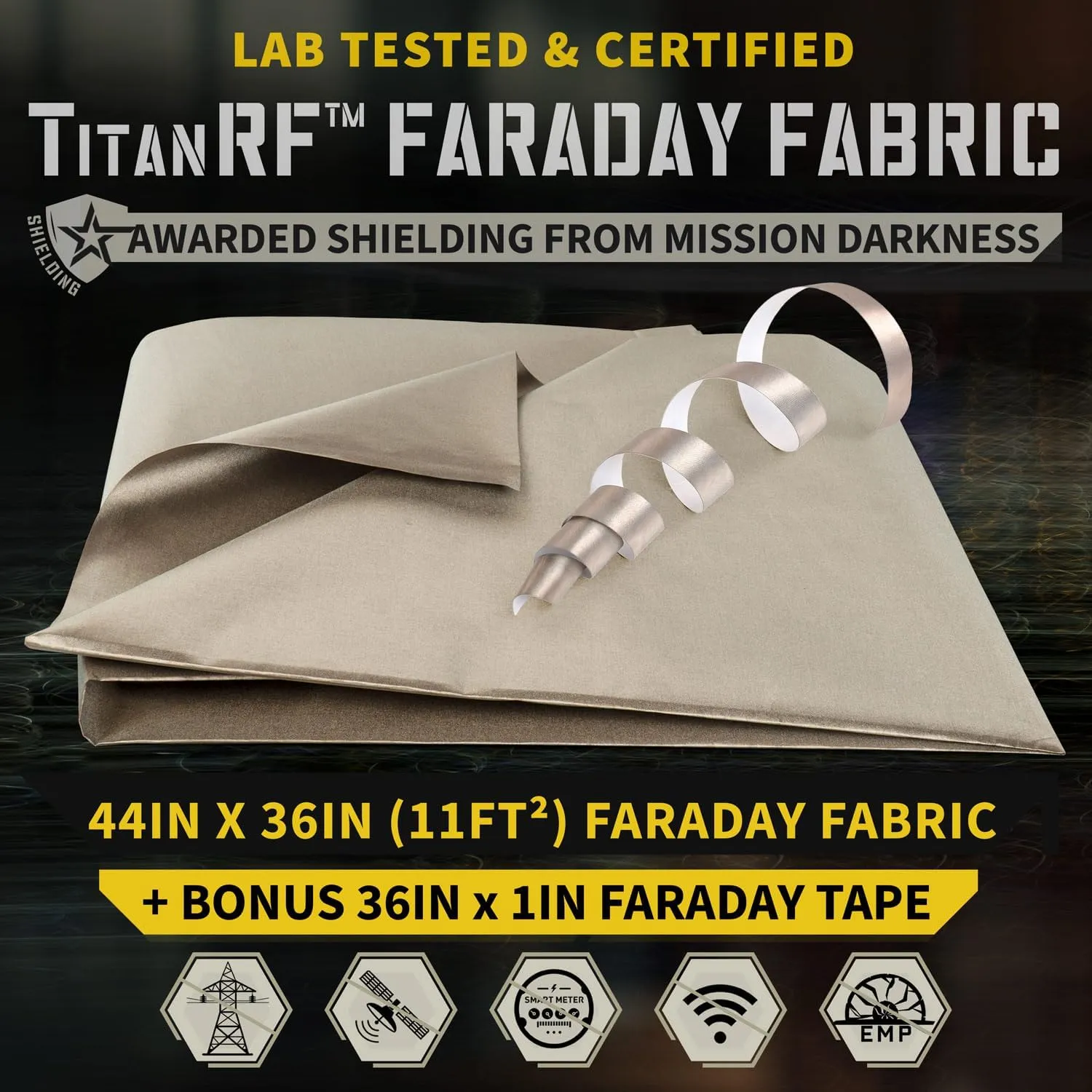 Mission Darkness TitanRF Faraday Fabric Kit 1 Yard // 44" W x 36" L Fabric   36" L Tape Military Grade Conductive Nickel Copper Polyester Material Blocks RF Signals WiFi Cell Bluetooth RFID EMF