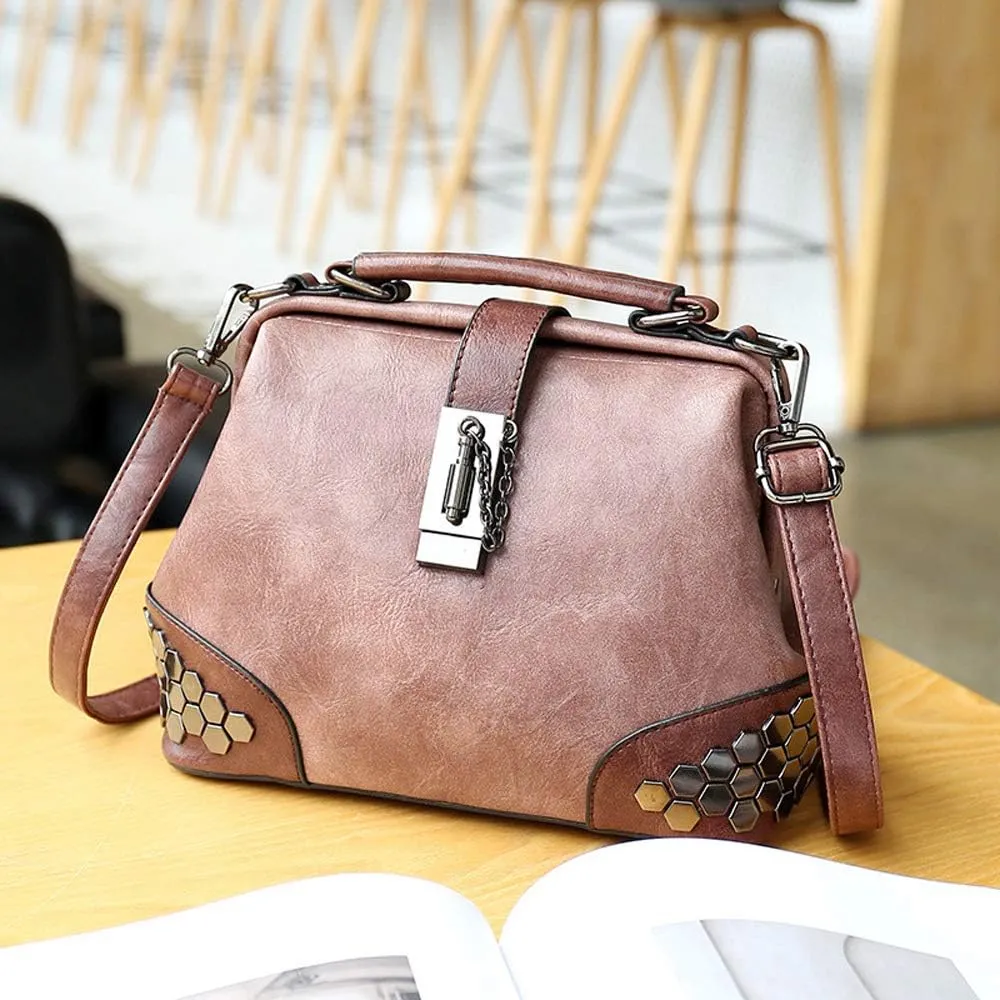 Mn&Sue Gothic Rivet Studded Vintage Doctor Style Cross Body Convertible Bucket Shoulder Handbag for Women
