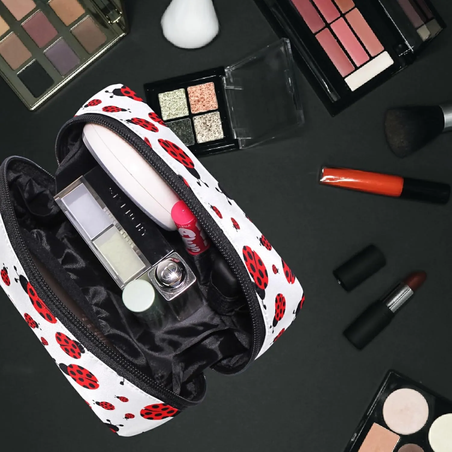 MNSRUU Small Cosmetic Bag for Girl Women Travel, Cute Red Ladybug Makeup Toiletry Organizer Bags with Compartments