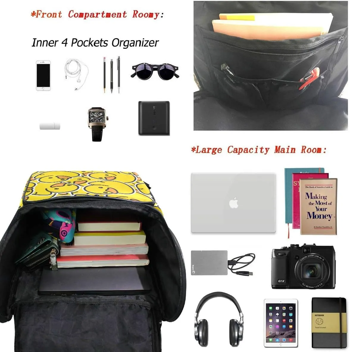 Naanle Cute Funny Yellow Ducks Pattern Casual Daypack College Students Multipurpose Backpack Large Travel Hiking Bags Computer Bag for Men Women