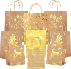 Nezyo 18 Pcs Christmas Kraft Paper Bag Bronzing Gift Bags Metallic Gift Treat Goodie Assorted Sizes Bulk with Handle for Holiday New Year Party Packaging Decor(Gold)