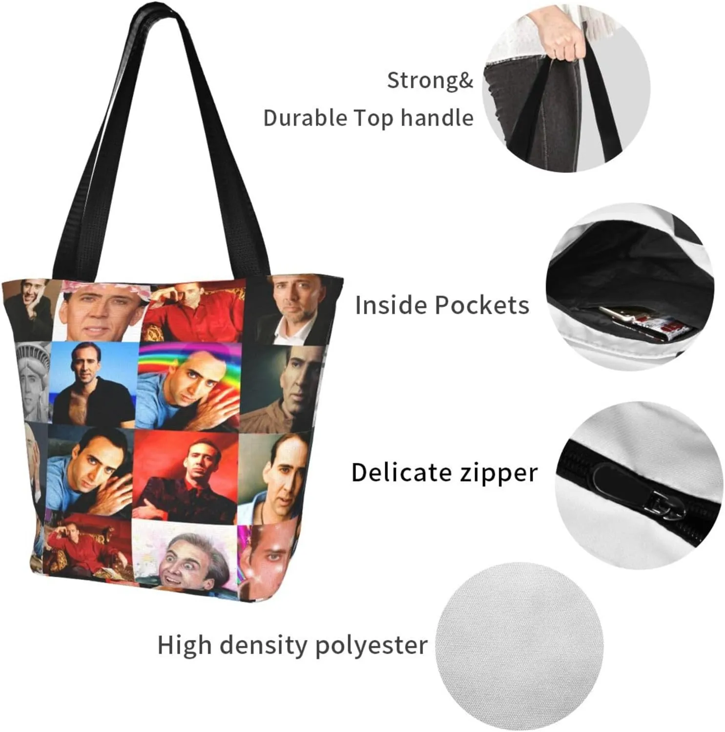 Nic-olas Cage Reusable Grocery Shopping Bags,Tote Bag Storage Casual Handbag For Shopping Beach Travel Work