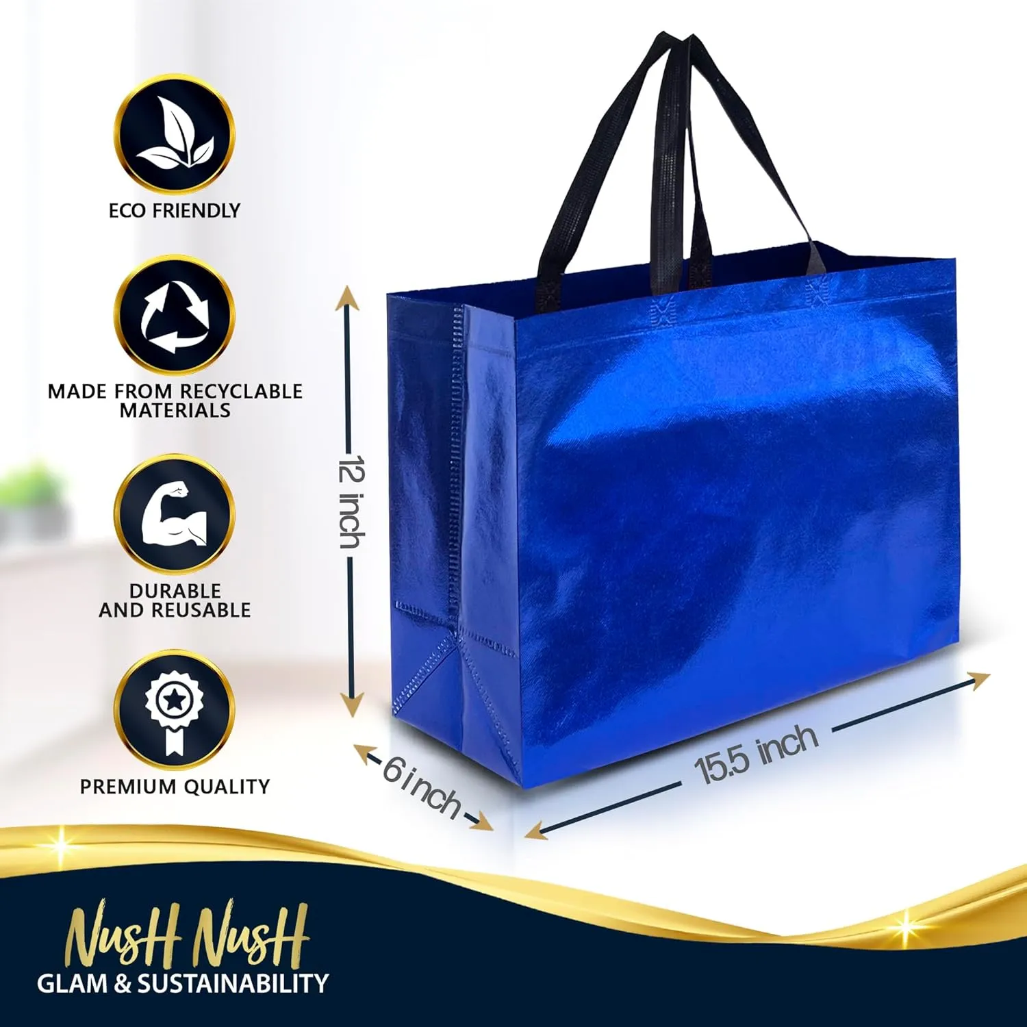 Nush Nush Blue XL Gift Bags Set of 12 Reusable Extra Large Bags With Handles - Perfect For Birthday, Party, Goodie, Favor Bags 15.5W x 6D x 12H Size