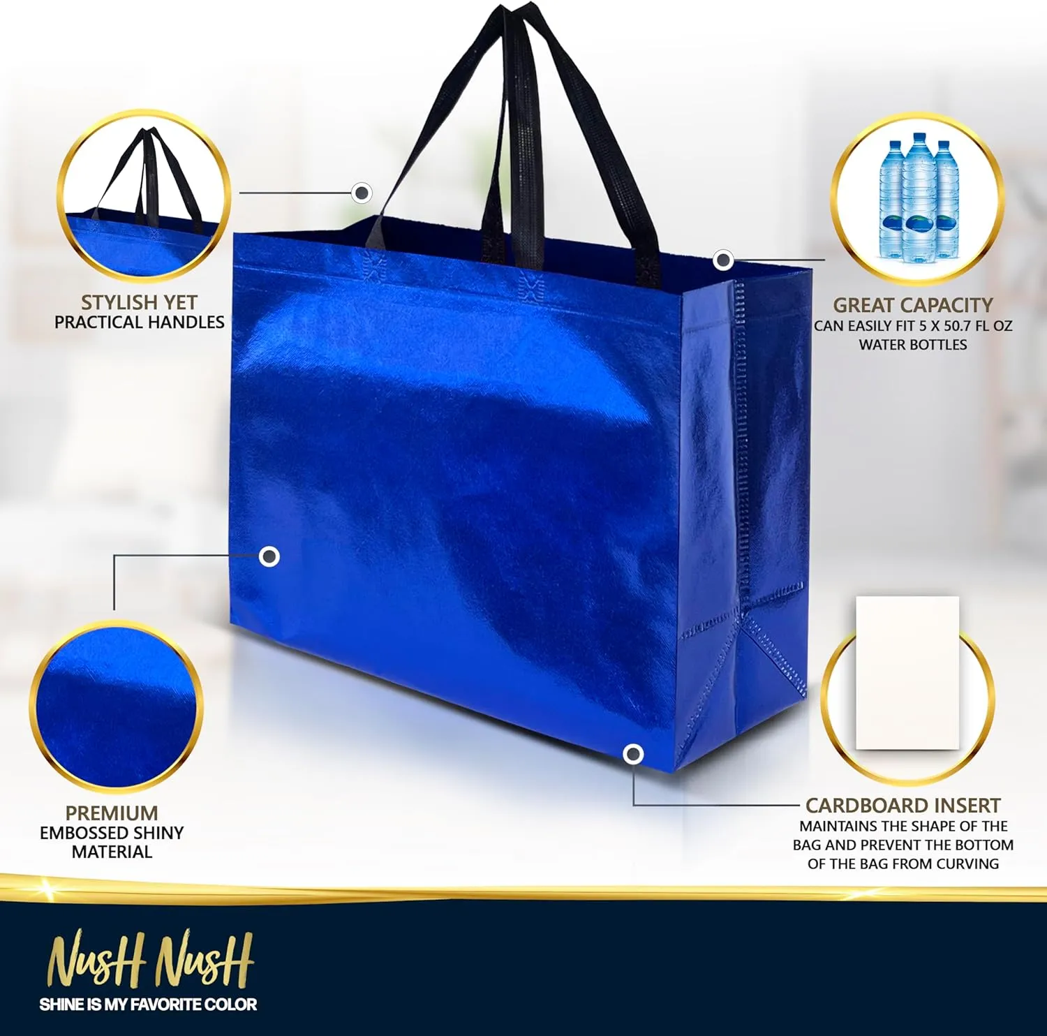 Nush Nush Blue XL Gift Bags Set of 12 Reusable Extra Large Bags With Handles - Perfect For Birthday, Party, Goodie, Favor Bags 15.5W x 6D x 12H Size