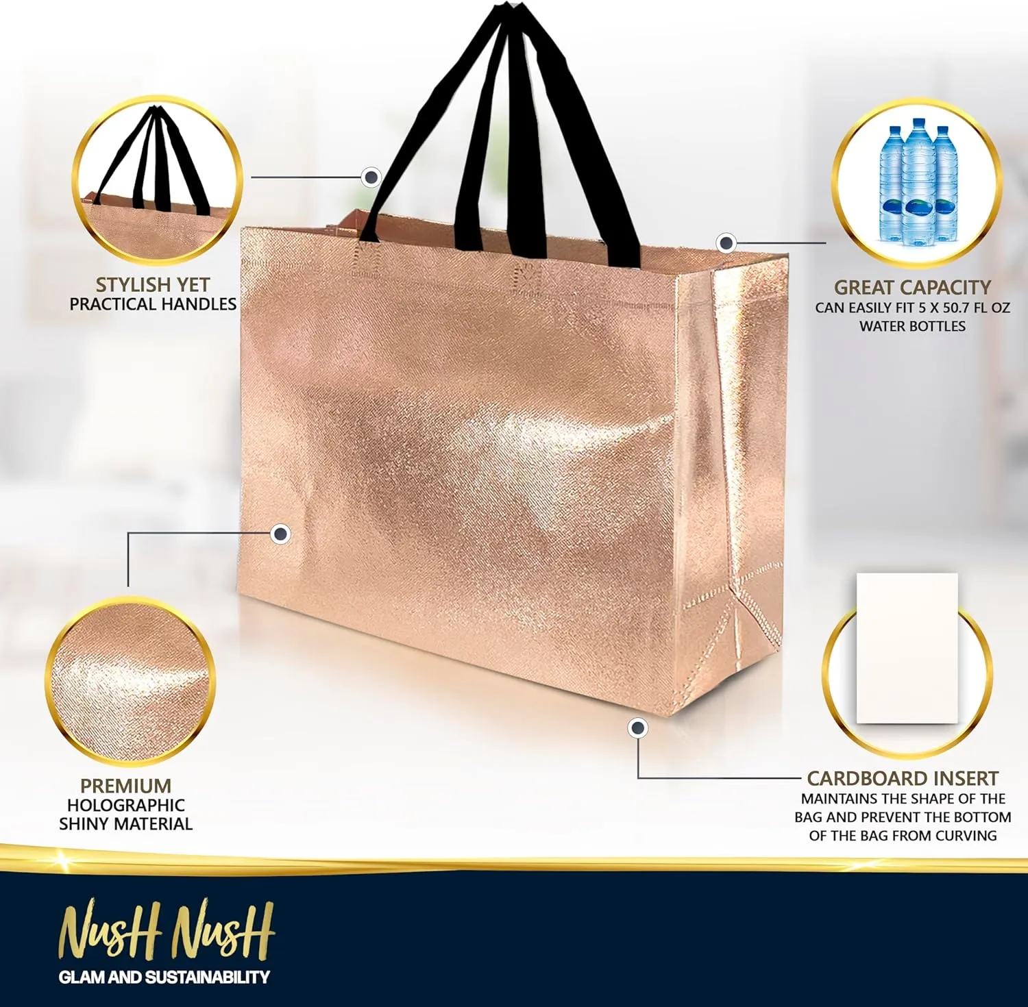 Nush Nush Rose Gold Gift Bags Extra Large Size – Set of 12 XL Reusable Gift Bags With Handles, Black - Ideal for Mother's Day, Wedding, Bachelorette, Birthday, Party Favor – 15.5W x 6D x 12H