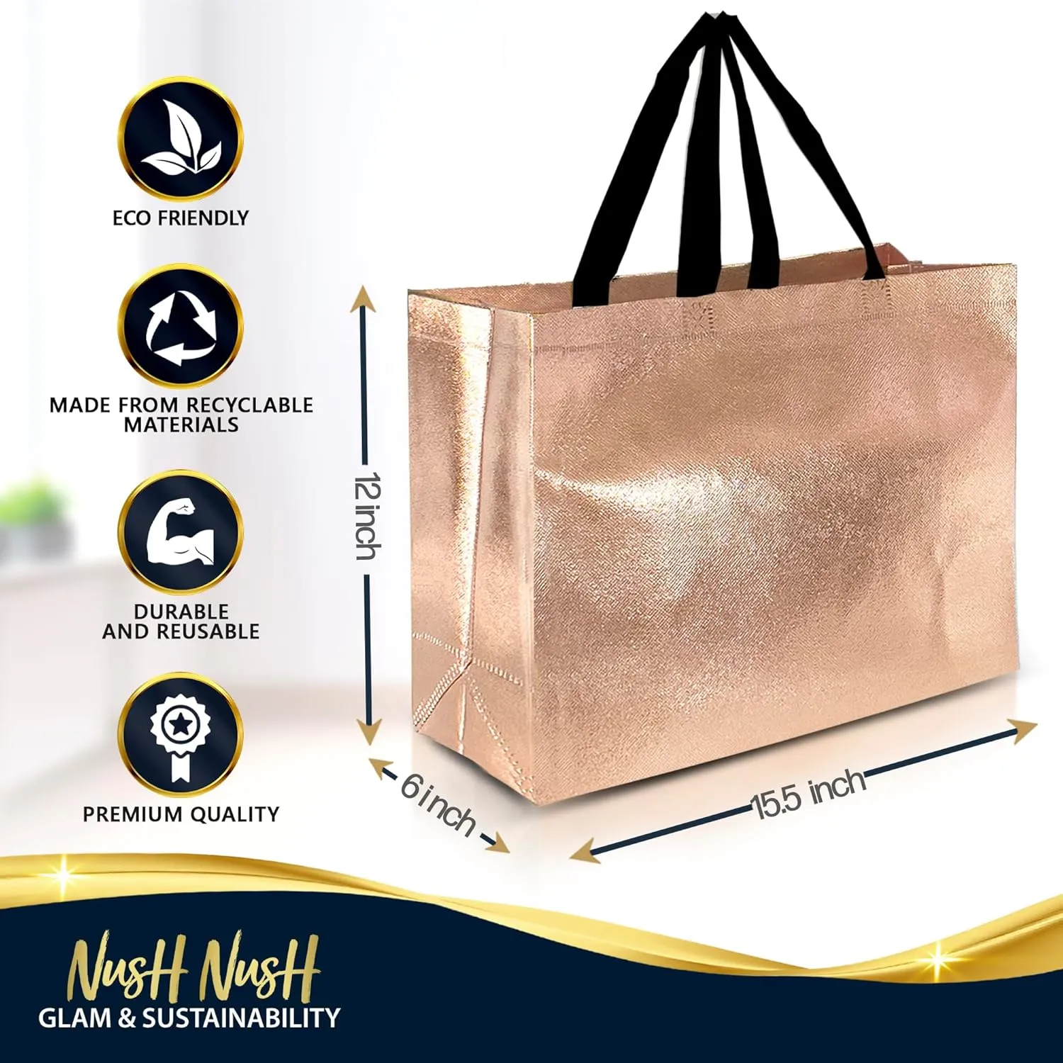 Nush Nush Rose Gold Gift Bags Extra Large Size – Set of 12 XL Reusable Gift Bags With Handles, Black - Ideal for Mother's Day, Wedding, Bachelorette, Birthday, Party Favor – 15.5W x 6D x 12H