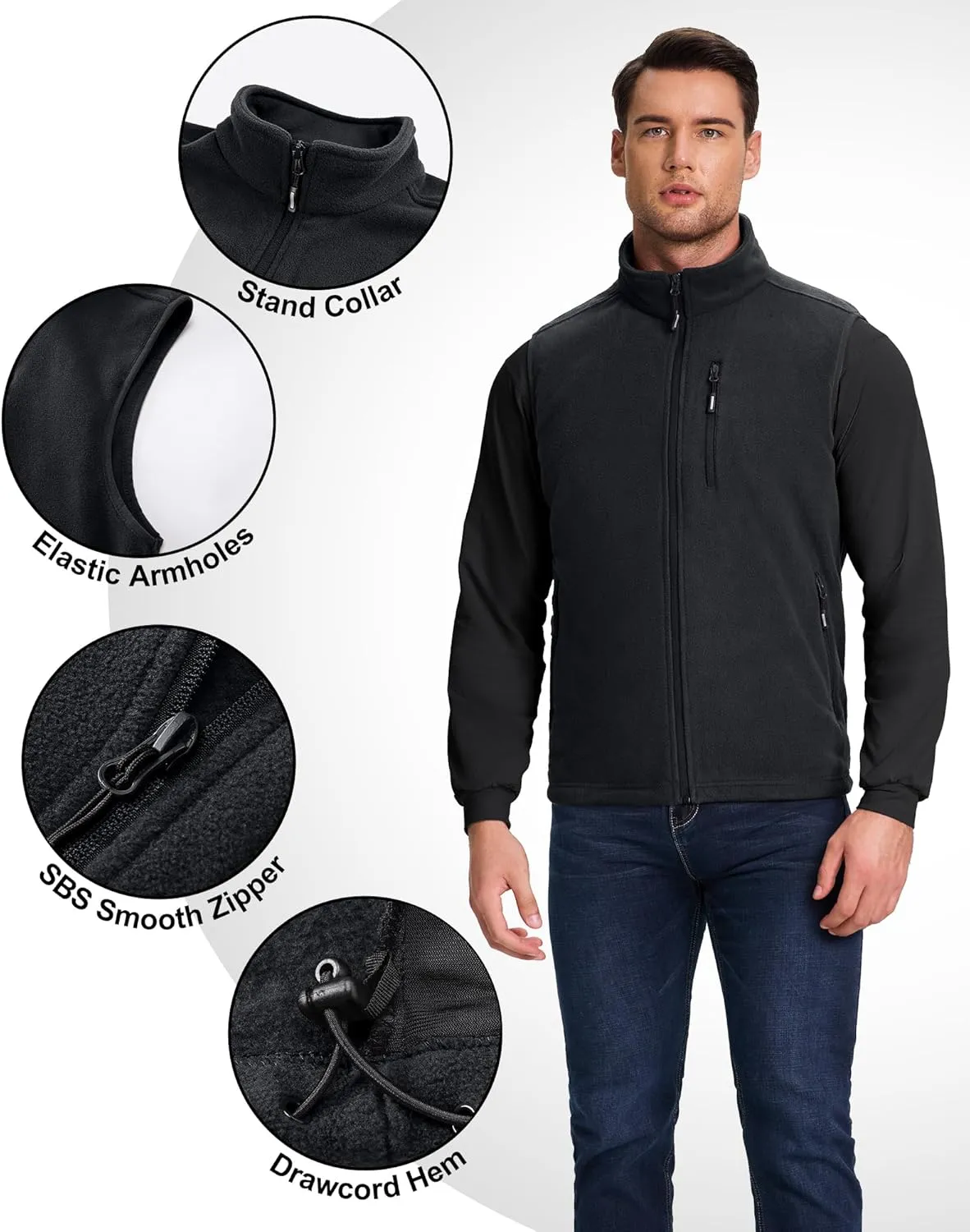 Outdoor Ventures Men's Full-Zip Lightweight Polar Fleece Vest Outerwear with 5 Pockets Warm Winter Sleeveless Jacket Casual