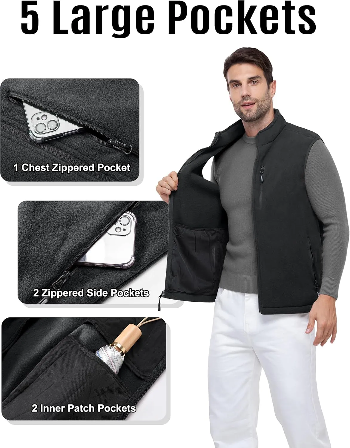 Outdoor Ventures Men's Full-Zip Lightweight Polar Fleece Vest Outerwear with 5 Pockets Warm Winter Sleeveless Jacket Casual