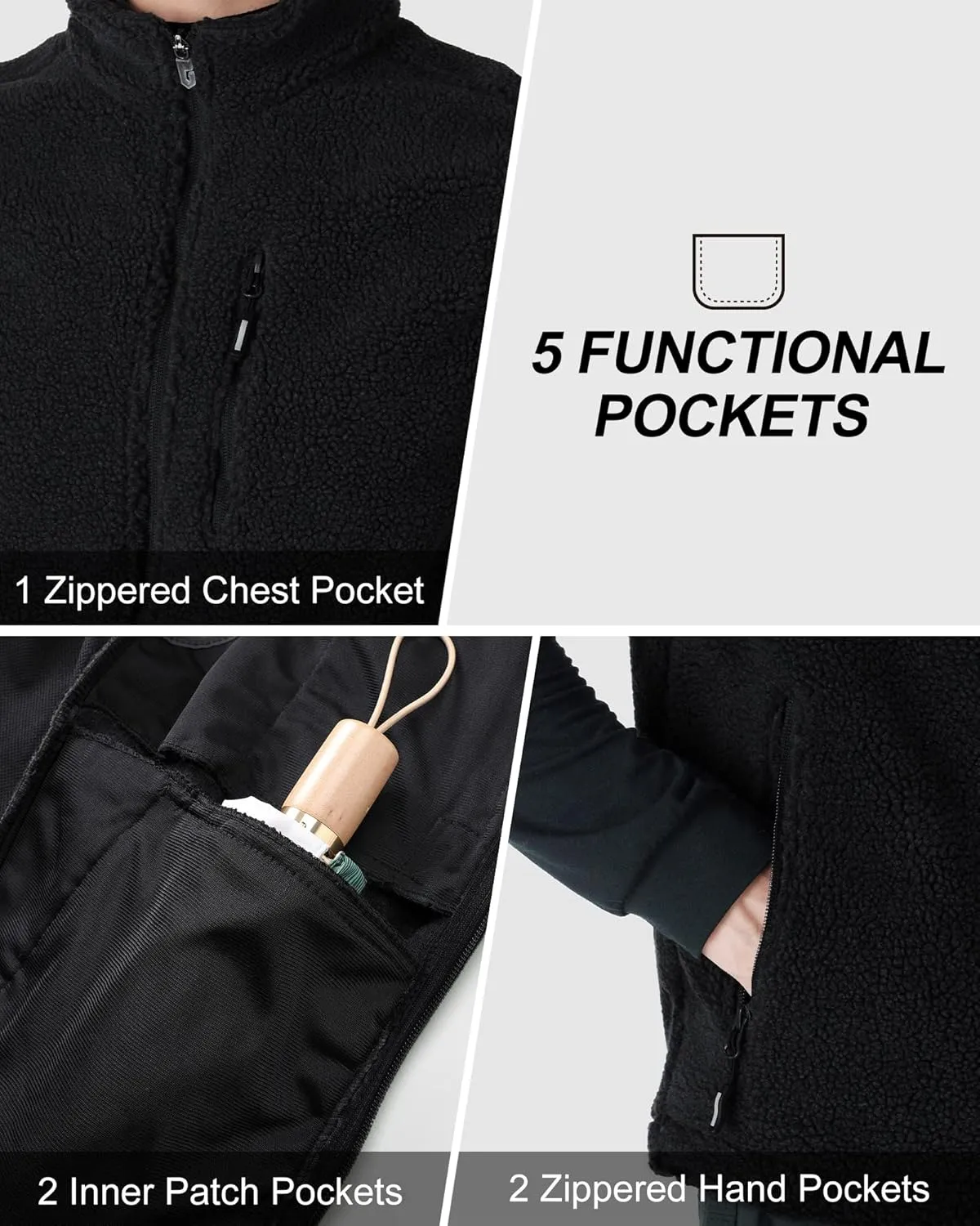 Outdoor Ventures Men's Full-Zip Lightweight Polar Fleece Vest Outerwear with 5 Pockets Warm Winter Sleeveless Jacket Casual