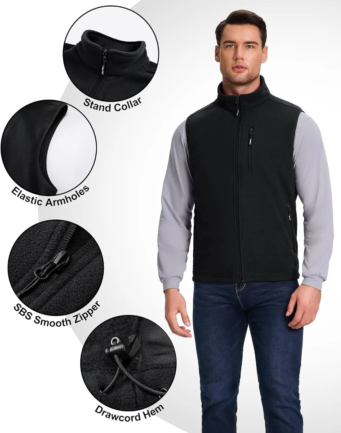 Outdoor Ventures Men's Full-Zip Lightweight Polar Fleece Vest Outerwear with 5 Pockets Warm Winter Sleeveless Jacket Casual