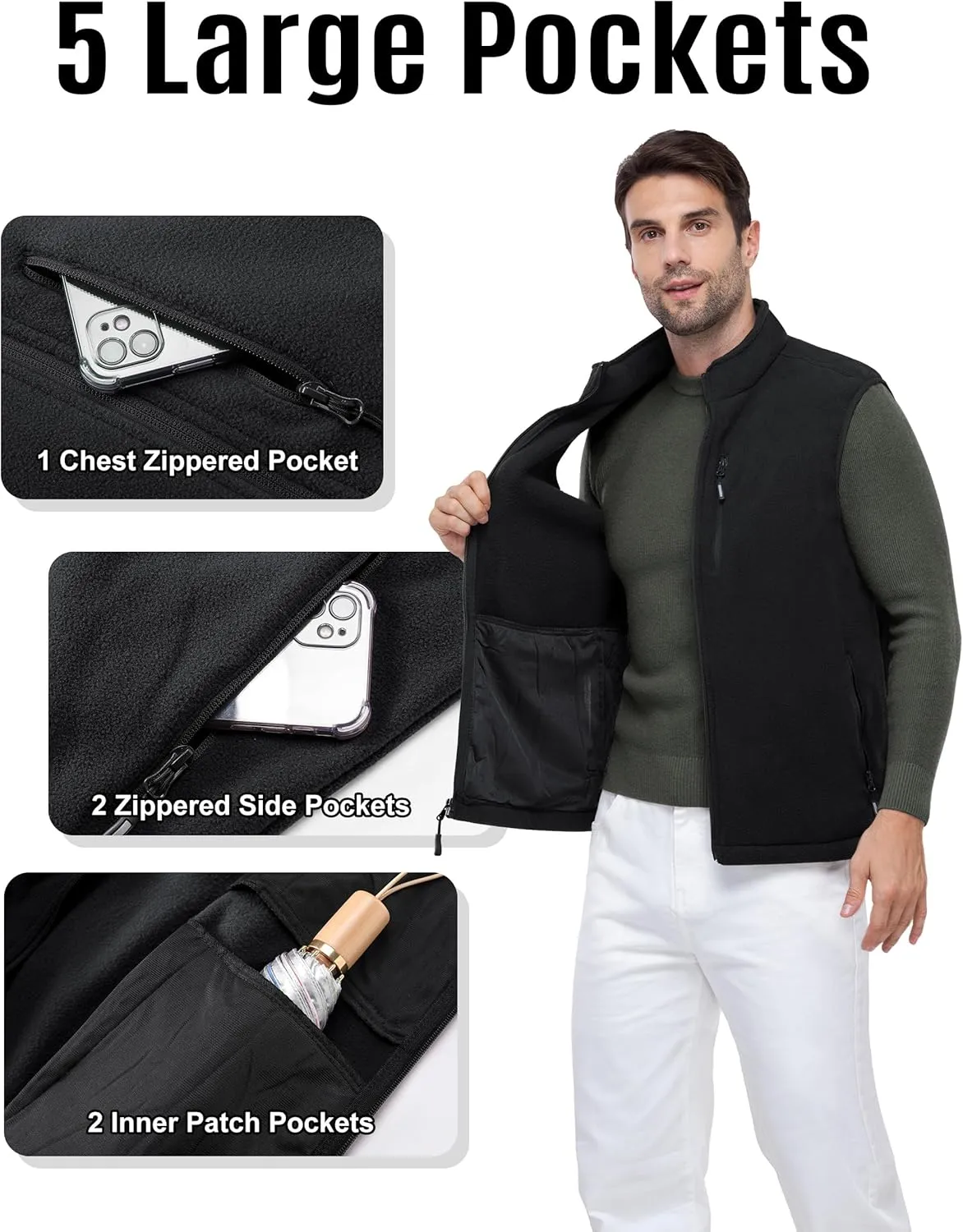Outdoor Ventures Men's Full-Zip Lightweight Polar Fleece Vest Outerwear with 5 Pockets Warm Winter Sleeveless Jacket Casual