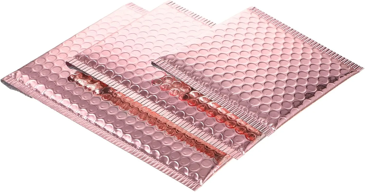 Outus 50 Pieces Metallic Padded Bubble Mailers Delivery Poly Mailers Foil Glitter Padded Envelopes Adhesive Seal Closure Envelopes Delivery Bags for Mailing Packing (Rose Gold)
