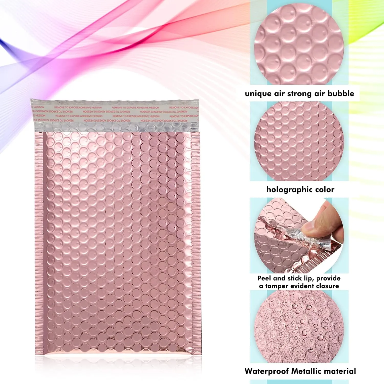 Outus 50 Pieces Metallic Padded Bubble Mailers Delivery Poly Mailers Foil Glitter Padded Envelopes Adhesive Seal Closure Envelopes Delivery Bags for Mailing Packing (Rose Gold)