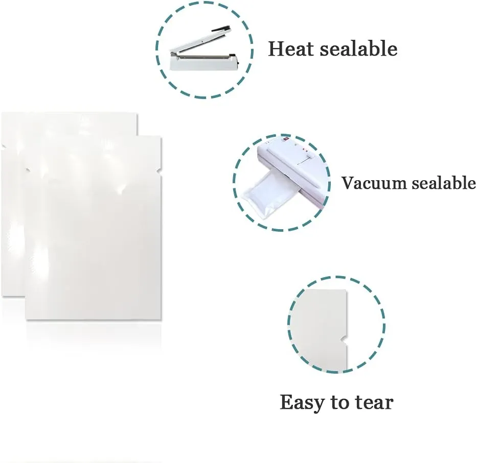 PABCK 200 Pieces White Metallic Mylar Foil Open Top Sealable Bags 2.75x3.9inch (Inside Size 2.4x3.5 inch) Vacuum Heat Seal Pouches for Food Storage Packaging with Tear Notches