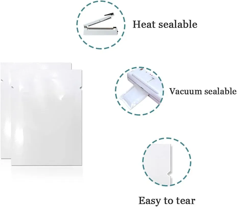PABCK 500 Pieces White Metallic Mylar Foil Open Top Sealable Bags 3.9x5.9 inch (3.5x5.5 inch Inner Size) Vacuum Heat Seal Pouches for Food Storage Packaging with Tear Notches
