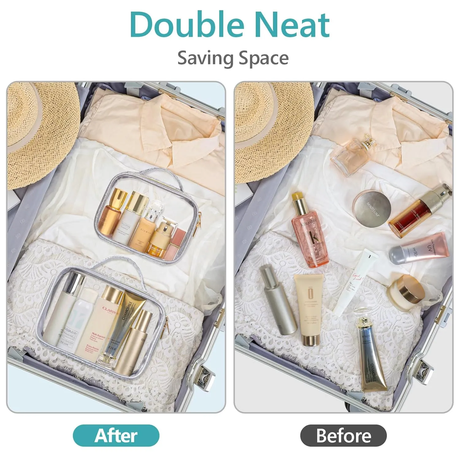 PACKISM TSA Approved Toiletry Bag - Ruched Textured Clear Makeup Bag, Metallic Silver, with 180° Large Opening and Supporting Frame, Perfect for Travel Essentials, Thick No Smell